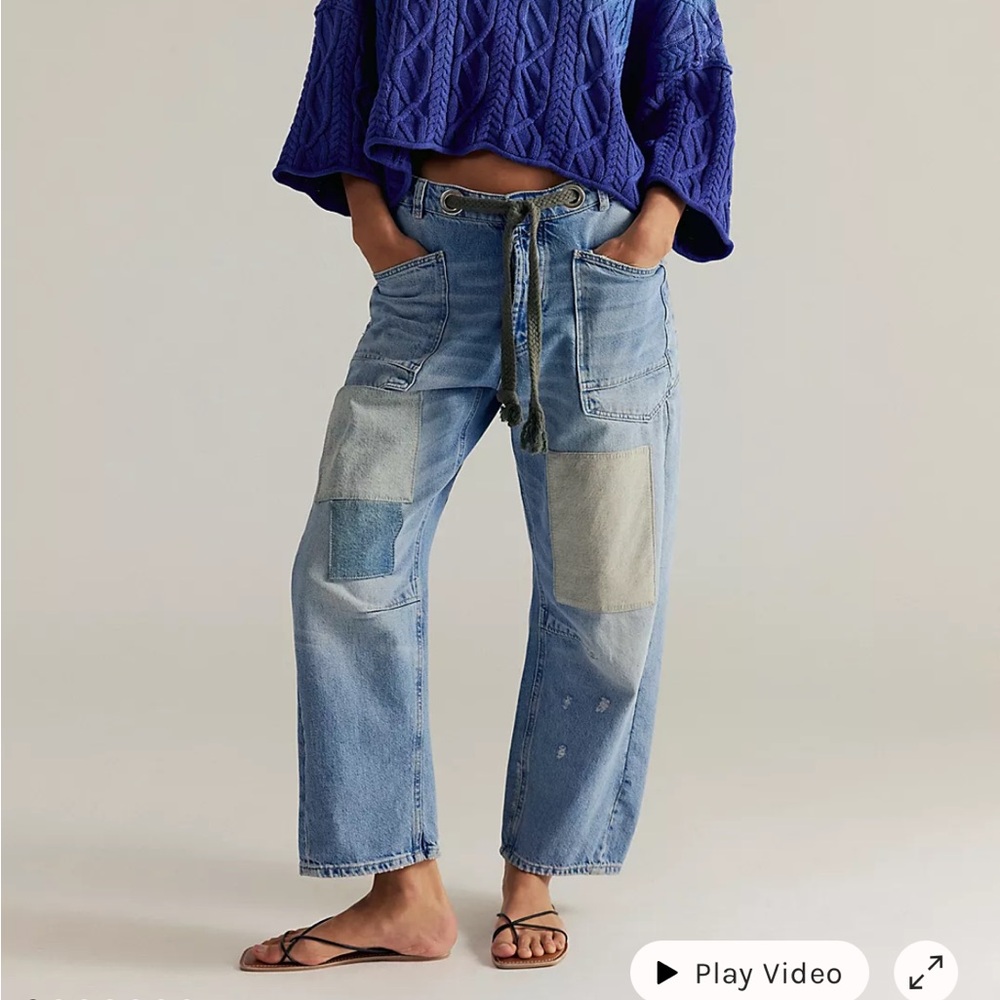We the Free Blue Patchwork Jeans with Green Drawstring